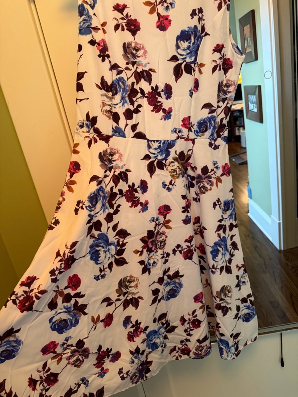 Floral Fit-and-Flare Dress in Ivory with Blue & Burgundy Roses